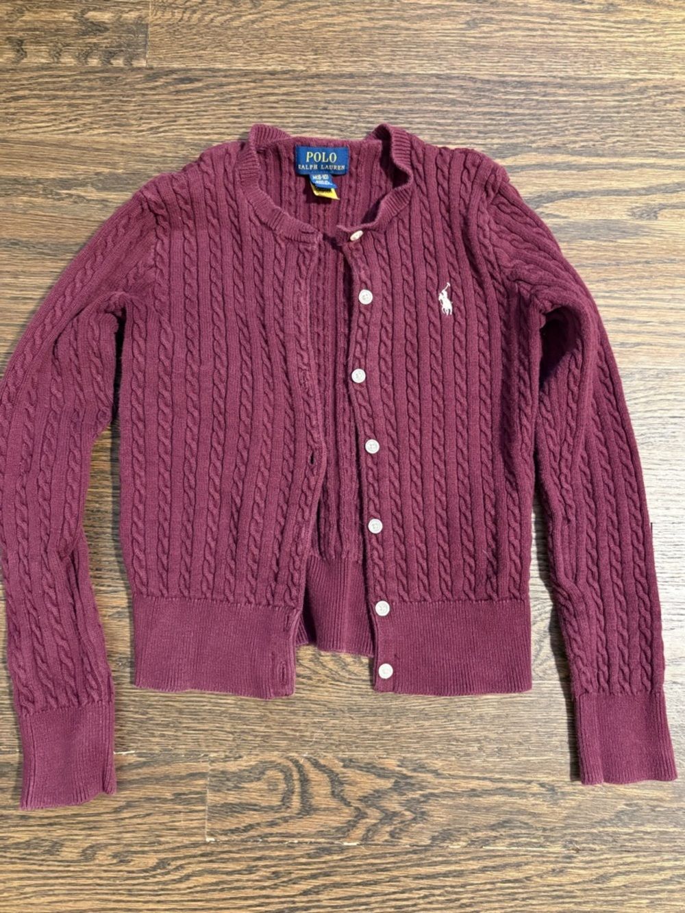 Polo Ralph Lauren Girls Size M 8-10 Burgundy Maroon Cable Knit Cardigan Sweater